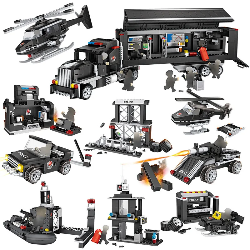

8 IN 1 City Multi-function Pobile Truck Building Blocks SWAT Car Aircraft Sets Model Bricks s Educational Toys