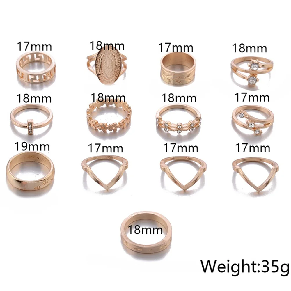 13-Pcs-Set-Boho-Virgin-Mary-Cross-Star-Flower-Leaves-Gem-Round-Gold-Joint-Ring-Set - 