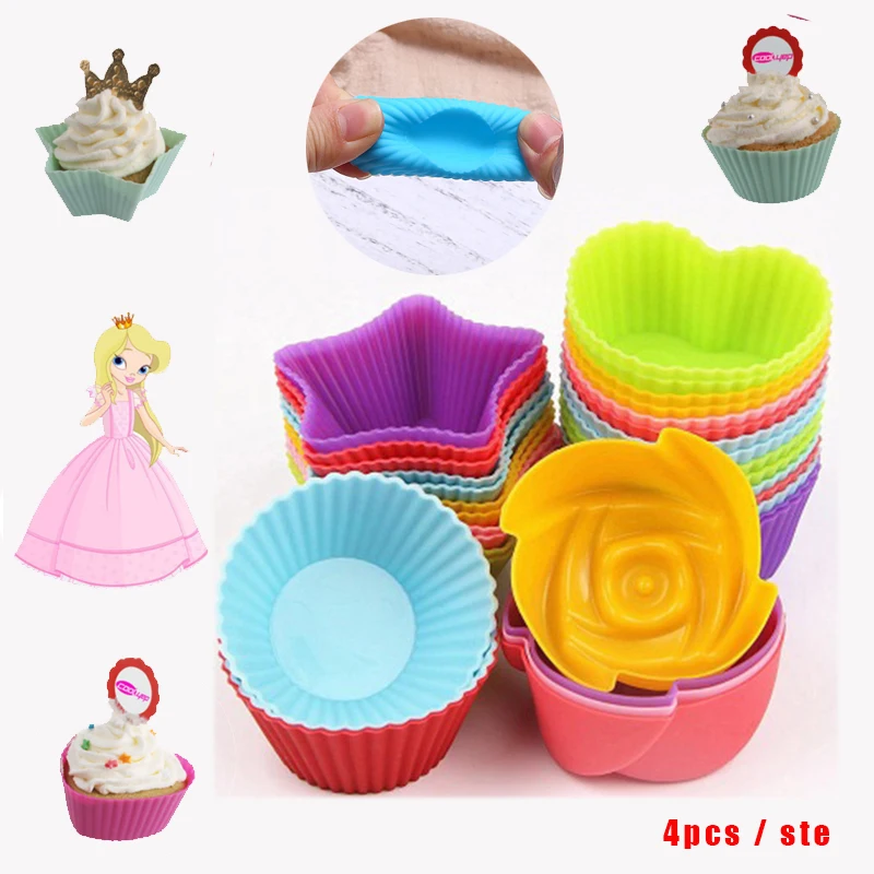 4 Pcs / Set Silicone Muffin Cup 7cm Round Heart Star Rose Flower Cakecup Mould for Kids Cake Mold Baking Tools | Дом и сад