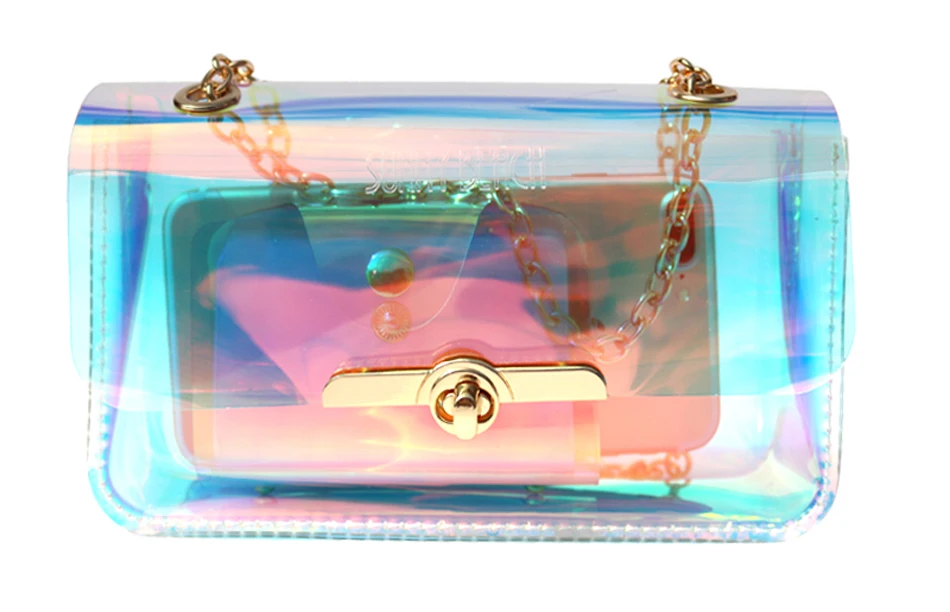 Солнечная пляжная прозрачная Голограмма лазерная сумка женские клатчи ПВХ дамская сумка цепочка Сумка