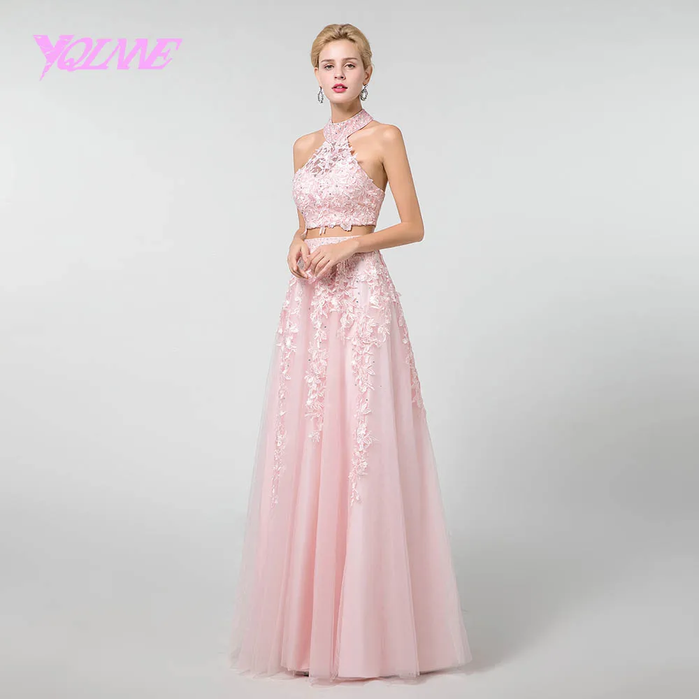 YQLNNE розовые длинные платья для выпускного на бретелях из двух частей Хрустальная Кружевная аппликация вечерние платья для девочек с открытой спиной YQLNNE