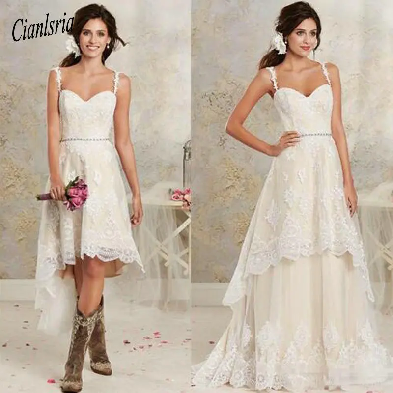 

2019 Sexy Two Pieces Wedding Dresses Spaghetti Lace A Line Bridal Gowns With Hi-Lo Short Detachable Skirt Country Wedding Gowns