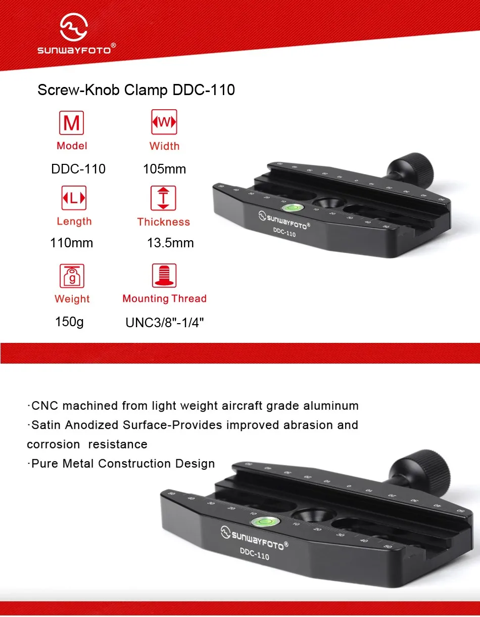 SUNWAYFOTO DDC-110 110 мм винтовой зажим для крепления головки штатива Выравнивающий Базовый костюм для широкоформатных DLSR и телеобъективов