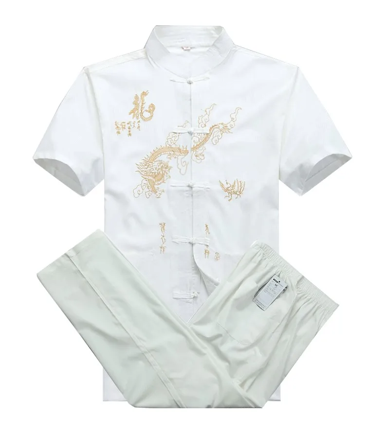 Летняя традиционная китайская мужская хлопковая одежда Wu Shu рубашка с вышивкой и штаны костюм Кунг фу Тай Чи M L XL XXL XXXL