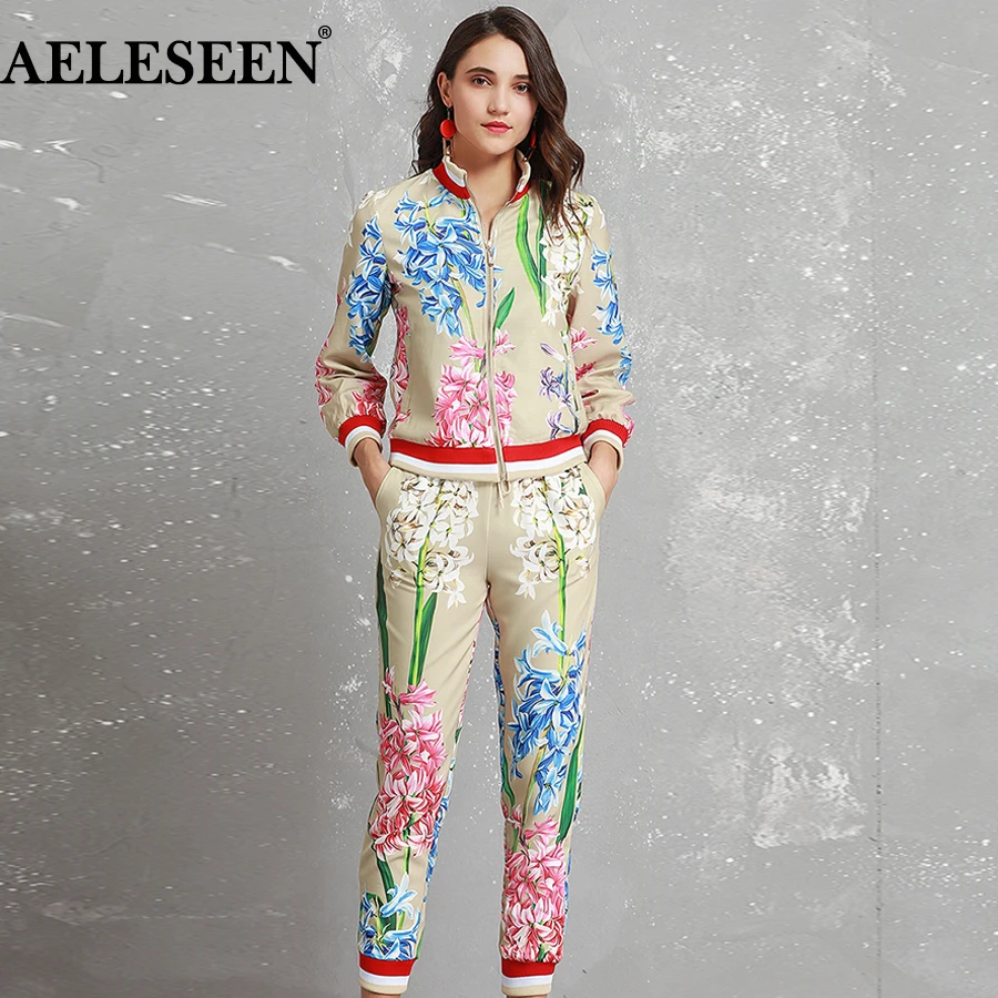 

AELESEEN Luxury 2 Piece Set Print Long Sleeve Fashion Tops + Slim Women 2018 Autumn Winter Ankle Pants Runway Designer Suits