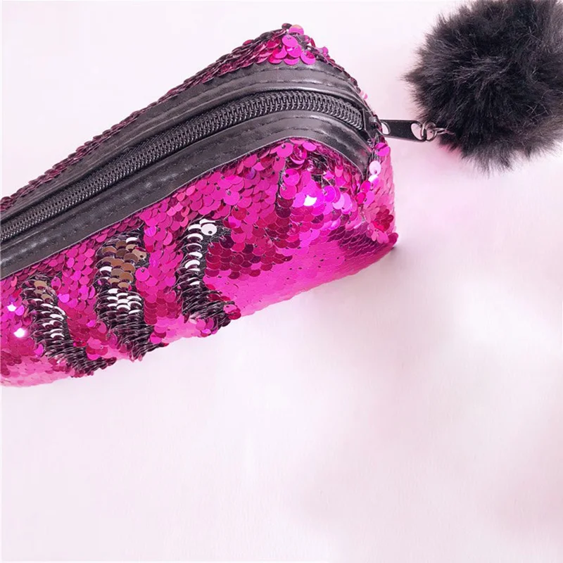 School Pencil Case Reversible Sequin Hairball PencilCase For Girls Bts Stationery Gift Cute Pencil Box Kawaii Student Supplies