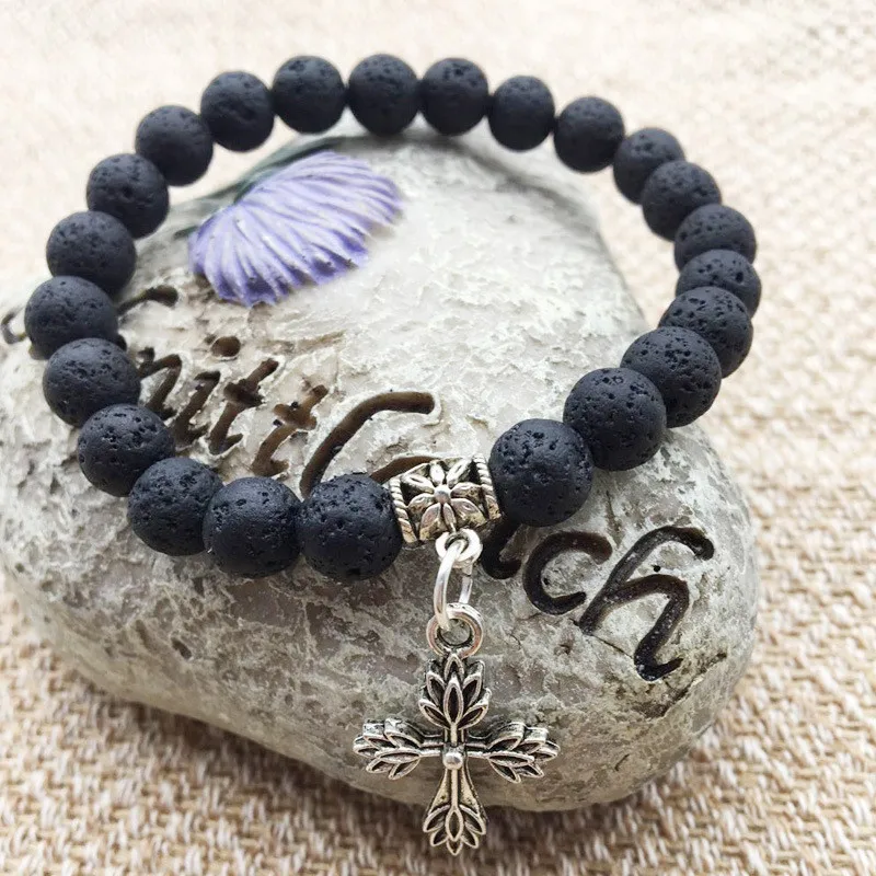 

Natural Stone Lava Rock Buddha Beads Bracelet With Silver Cross Pendant Fashion Hot Type Handmade Stone Artwork Ornaments