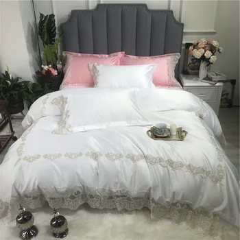 

Luxury White Wine Red Pink Green Gray Silky Washed Silk Cotton Girl Bedding Set Lace Duvet Cover Bed sheet/Linen Pillowcases
