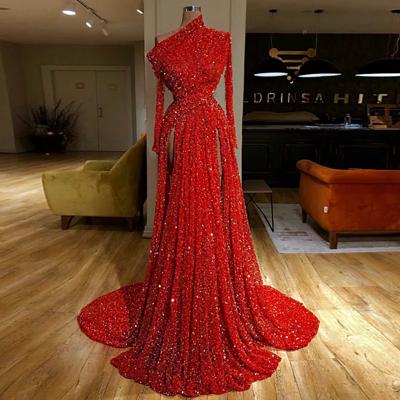 Red Sequined One-Shoulder Kaftan Evening Reflective Dresses Long Sleeves Dubai Pleat Formal Prom Party Dresses Long