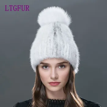 

LTGFUR Real mink fur hat knitted winter hat mink hat fox fur pom poms new cap 2017 new hot sale high quality female beanies