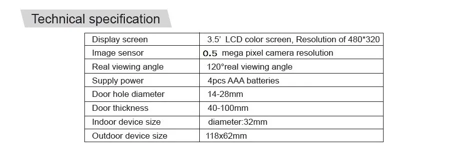 Видеоглазок для входной двери, дисплей 3.5 дюйма, HD камера 0.5 Мпикс, обзор 120 градусов