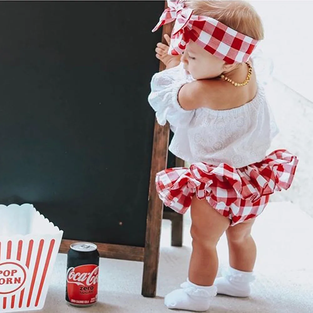 best Baby Clothing Set 0-24M 3pcs Baby Girls Clothes Set Solid White Off Shoulder Shirt Tops Red Plaid Skirts Girls Hairband Kids Set Baby Girl Outfits Baby Clothing Set luxury