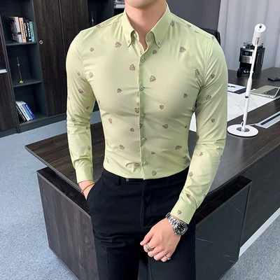 Блузка, Мужская одежда, рубашки, желтая рубашка, Camisa Social Masculina, Повседневная рубашка, облегающая, с длинным рукавом, зеленая Цветочная сорочка, уличная одежда