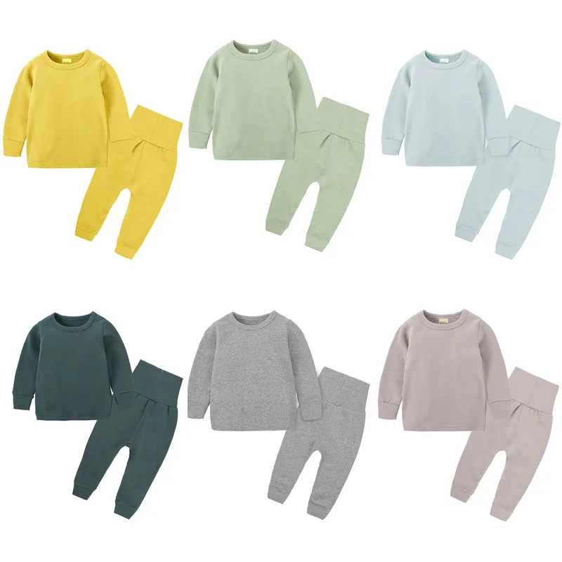 Новые для маленьких мальчиков Высокая Талия пижамный комплект Толстые Теплые Топы с длинными рукавами + брюки 2 шт. костюм для девочек