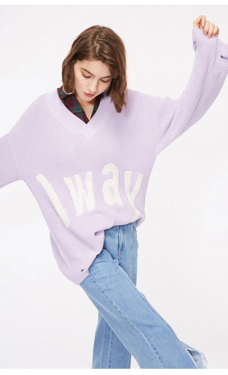Женский свободный свитер с v-образным вырезом и буквенным принтом | 118313531