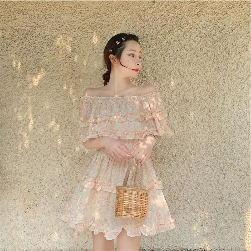 

Summer new fairy fresh sweet elegant slash neck lady chiffon dress fashion vintage casual femme cake dress