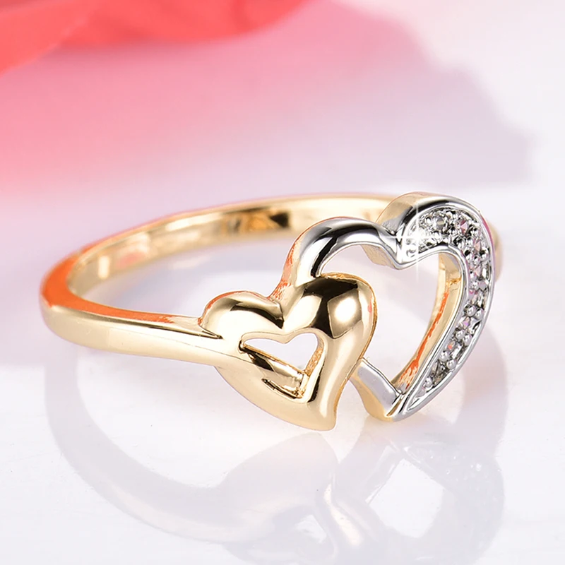 GULICX роскошное изысканное двойное кольцо в форме сердца золотого цвета CZ кольца для женщин модный цвет Aneis De Ouro циркония ювелирные изделия