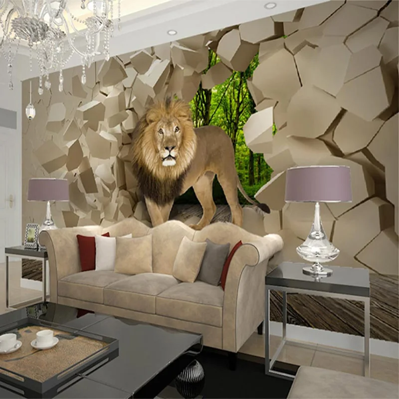 Персонализированная отделка 3D Лев сломанная стена фото обои детская комната гостиная диван фон, настенные росписи Papel де Parede