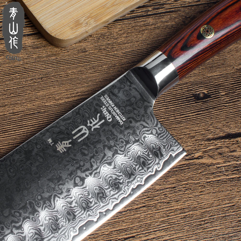 Цин Дамасские Ножи " шеф-повара 7" разделочные Santoku японский инструмент повара VG10 основной цвет деревянной ручкой кухонные ножи шеф-повара Кливер