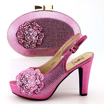 

Fushia pink aso ebi wedding party with many stones high heel 4.4 inches shoes and bag italy fashion shoes and bag set SB8323-5