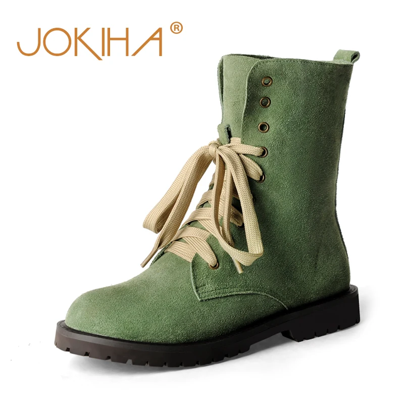 

Winter Fur Warm Women's Mid Calf Martin Boots Fashion Cow Suede Leather Boots For Women Green Boots Girl's Student Shoes