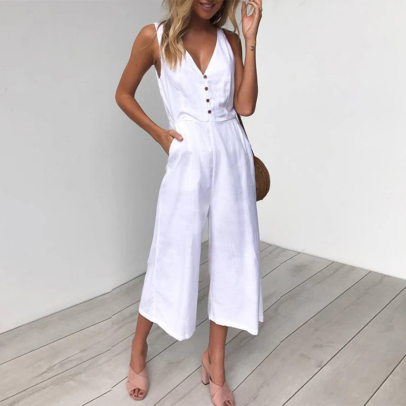 

UZZDSS Jumpsuits Women Casual Cotton Linen Rompers Womens Jumpsuit 2019 Summer V Neck High Waist Wide Leg Jumpsuits White