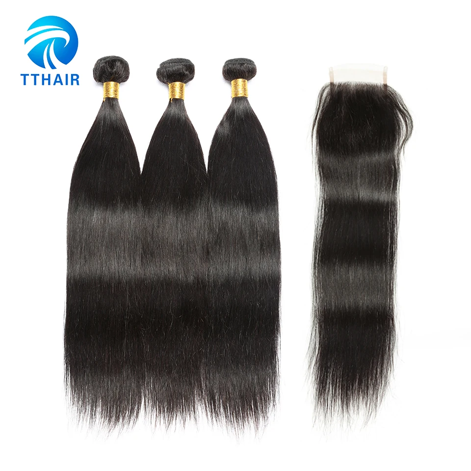 TTHAIR 8-28 дюймов прямые Номера для человеческих волос 3 Связки Расширения плетение волос бразильский волос с закрытием