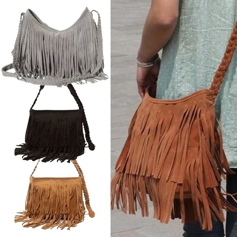 Womens Tassle Fringe Faux Suede Shoulder Messenger Crossbody Bag Handbag Purse Black Brown White