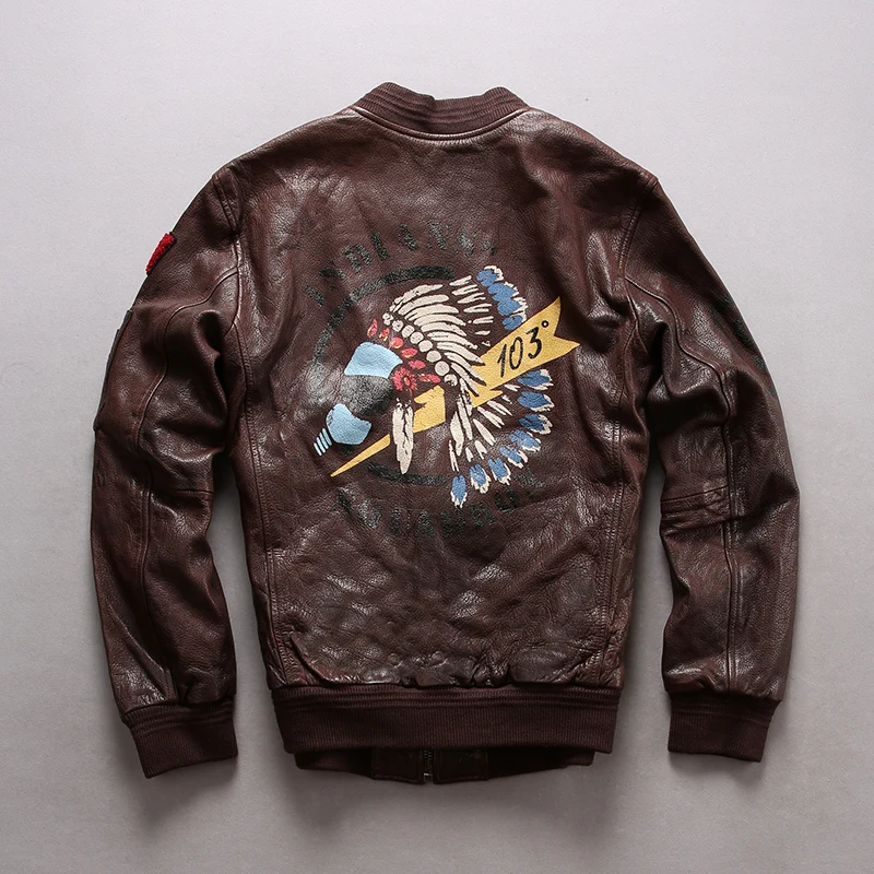 

2018 New Men Indian Pattern Genuine Sheepskin Leather Jacket 100% Real Oil wax Brown and Balack Casual Autumn A2 Pilot Jackets