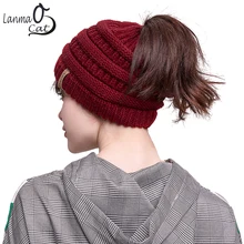 Lanmaocat шапка с отверстием для хвоста зимняя вязаная кепка, теплая зимняя женская осенняя шляпа конский хвост шапка однотонная вязаная шапка
