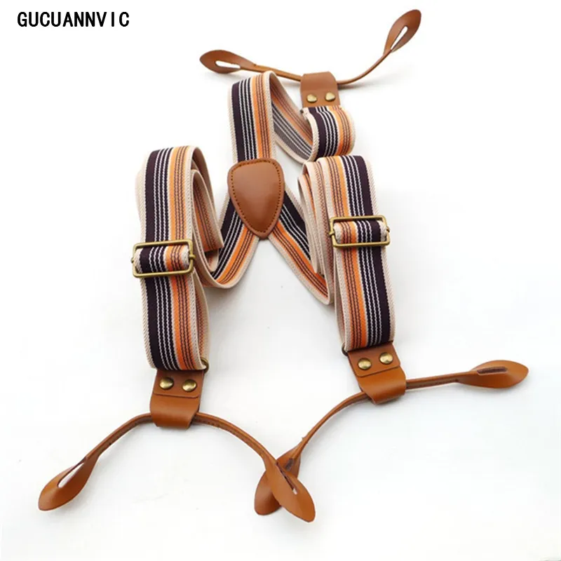 GUCUANNVIC Vintage stripes Men's suspenders casual Fashion braces High quality leather suspenders Adjustable 6 buttons Belt