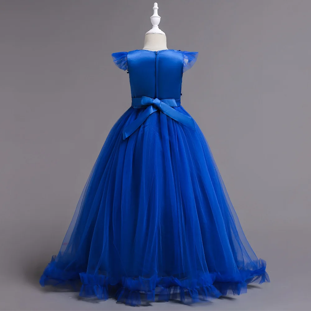 X089 детское платье принцессы на свадьбу с цветочным узором для девочек; цвет королевский синий; элегантные платья подружки невесты для девочек; Длинные вечерние платья
