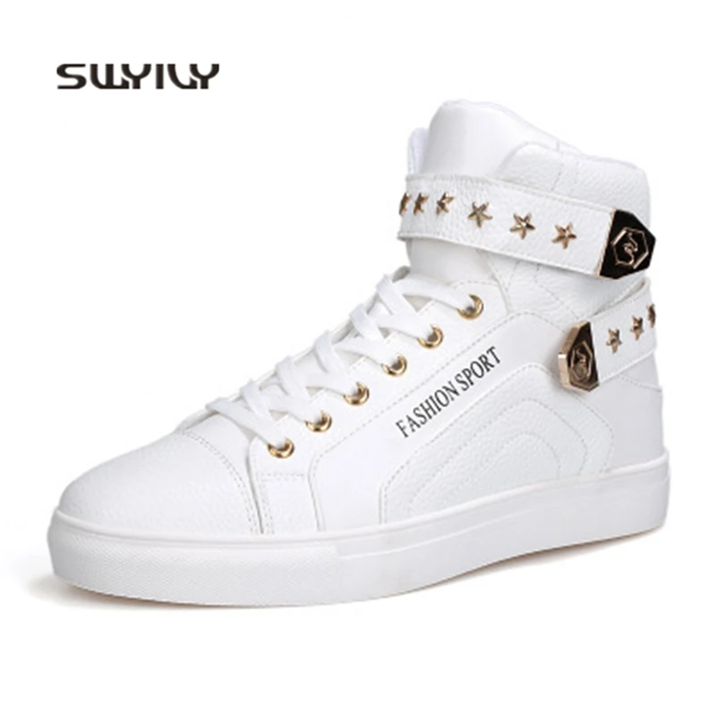 SWYIVY Sneakers Men High-top Star Rivets Skateboarding Shoes Sneakers 2018 New Leather Hook&Loop High Quality Shoes For Males