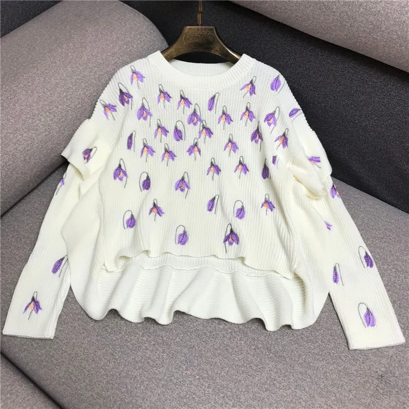 

Luxury Designer Brand Knitted Sweater for Women Runway O Neck Flower Embroidery Ruffles Irregular Knitted Pullover Sweater