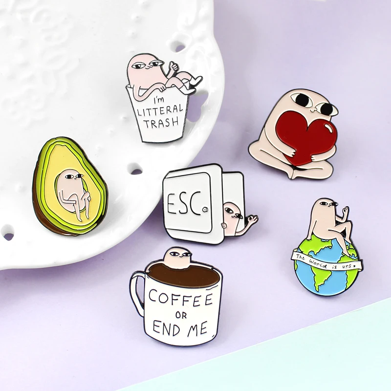 Ketnipz Meme Alloy Creative Pink Avocado Coffee "The World Is Urs" Globe Love Enamel Lapel Pins Brooch Badge Gift Jewelry