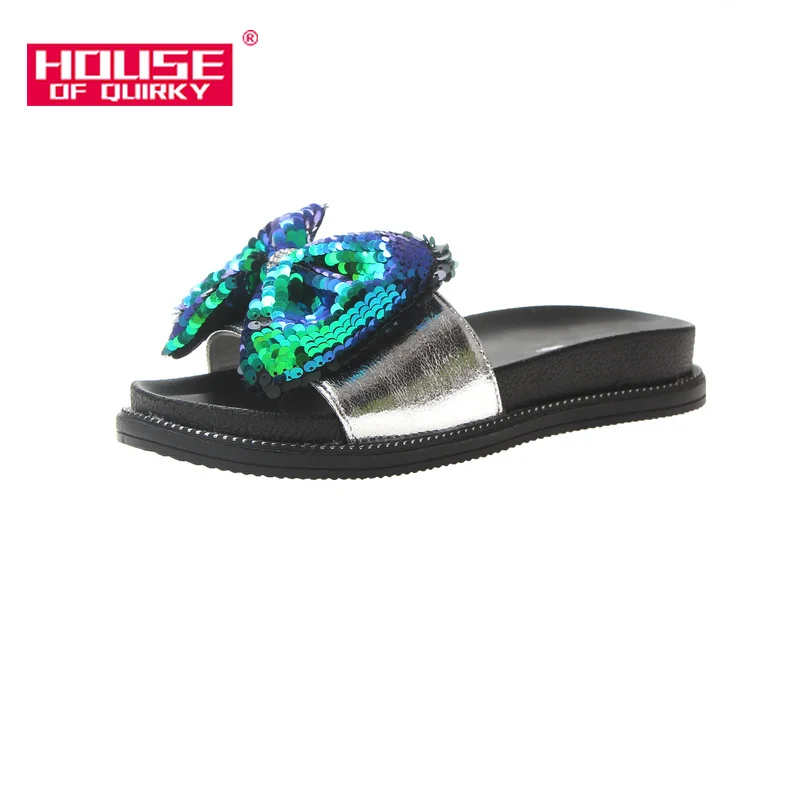 

Summer Sexy Sequin Women Slippers 2019 New Fashion Open Toe Muffin Bottom Women Shoes Indoor Comfortable Bowknot Low Heel Shoes