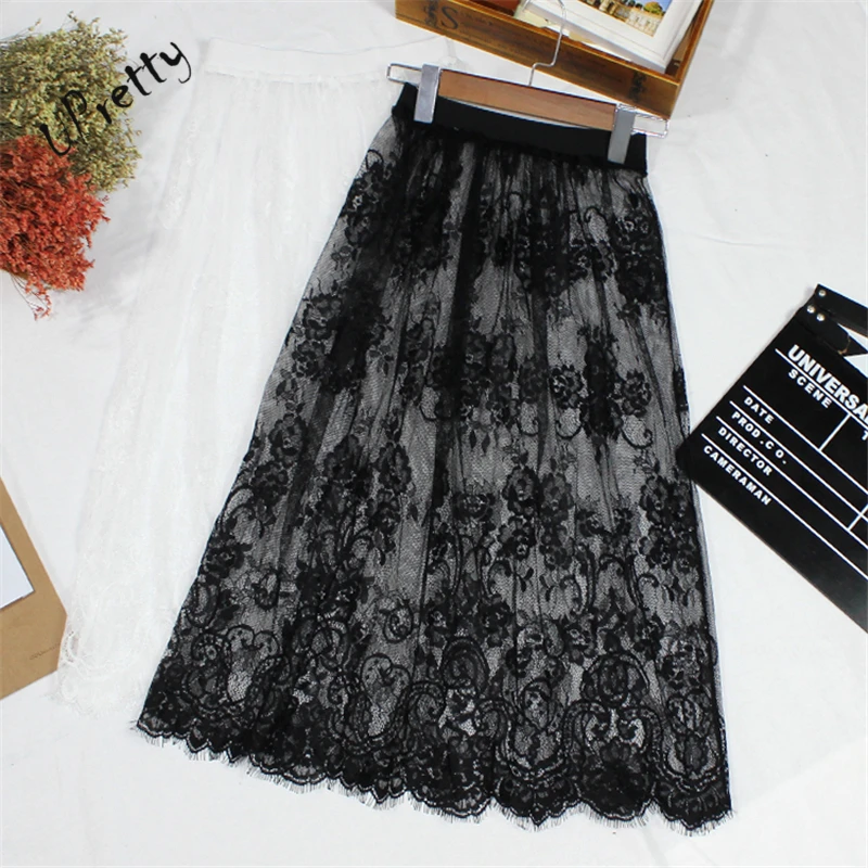 

Women Sexy Lace Mesh Skirt Spring Summer Casual High Waist Elastic Floral Hollow Out A-Line See Through Tulle Long Skirt 142