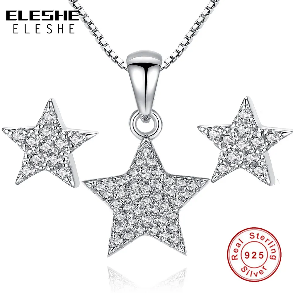 

ELESHE 925 Sterling Silver Jewelry Set for Women Full of Clear CZ Crystal Wish Star Pendant Necklace & Earrings Wedding Gift