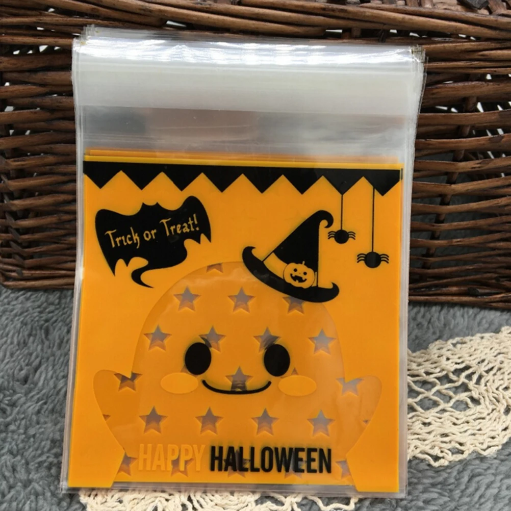

100pcs/SET Cookie packaging halloween pumpkin self-adhesive plastic bags for biscuits snack baking package