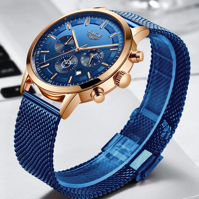 Relogio Masculino LIGE, повседневные модные мужские часы, спортивные кварцевые часы для мужчин, полностью стальные, с синим сетчатым ремешком, с хронографом, водонепроницаемые часы