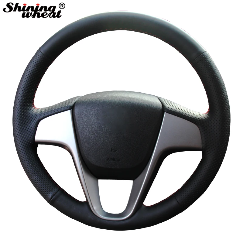 Shining wheat Hand-stitched Black Leather Steering Wheel Cover for Hyundai Solaris Verna I20 Accent Shining wheat Hand-stitched Black Leather Steering Wheel Cover for Hyundai Solaris Verna I20 Accent