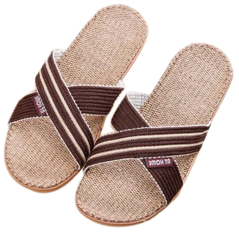 

Men's Flip Flops Fashion Blue Cross Striped Linen Slippers Indoor EVA Breathable Home Flax Slippers Men Slides Room House Shoes