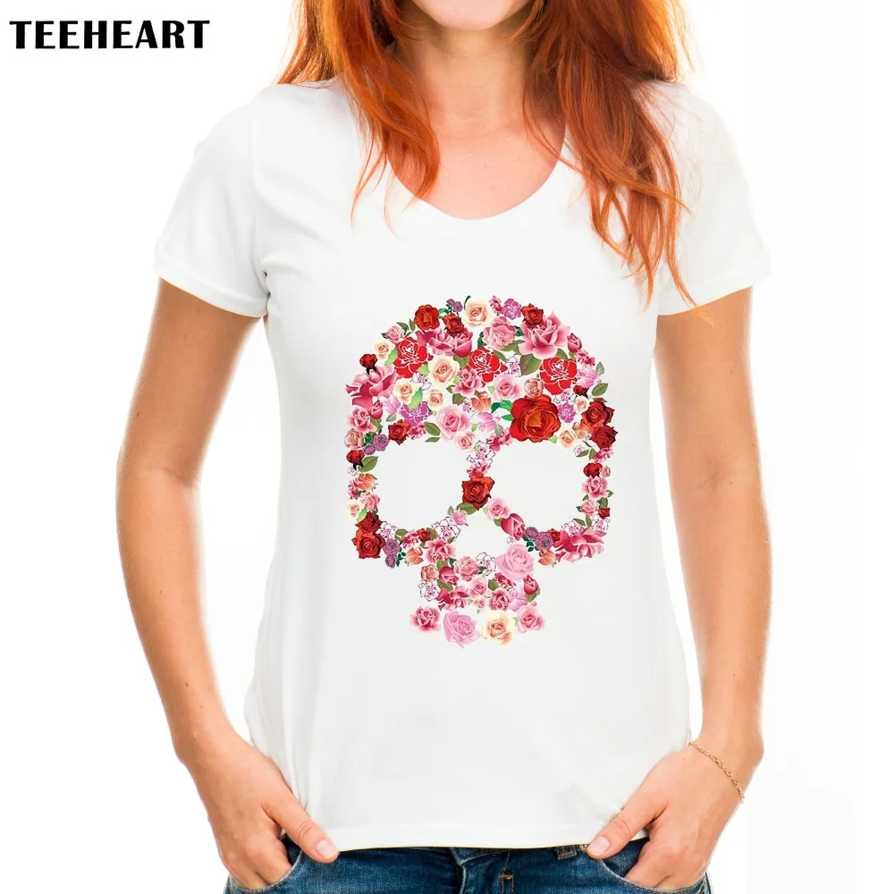 TEEHEART 2017 летняя Модальная футболка для женщин с цветочным принтом черепа короткий