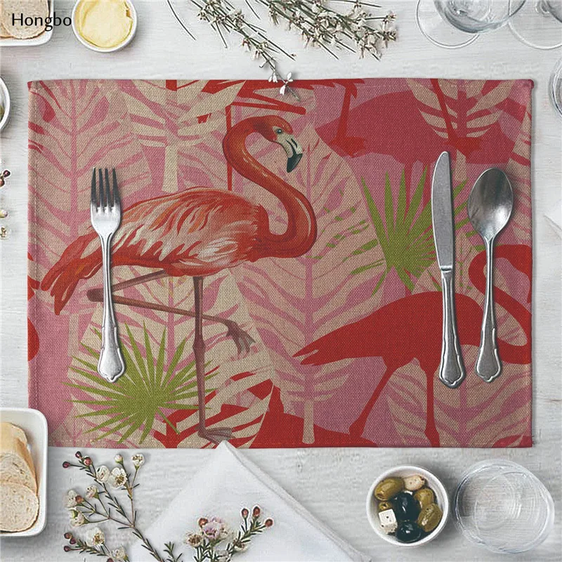 Linen Placemat Flamingo Tropical Plants Pattern Dining Table Mat Cloth Table Napkins for Wedding Kitchen Coffee Cup Mat Party De