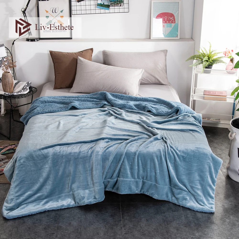 

Liv-Esthete BLue Thick Sherpa Throw Blanket Weighted Flannel Fleece Blanket Queen King Adult All Season For Bed Or Couch 1PCS