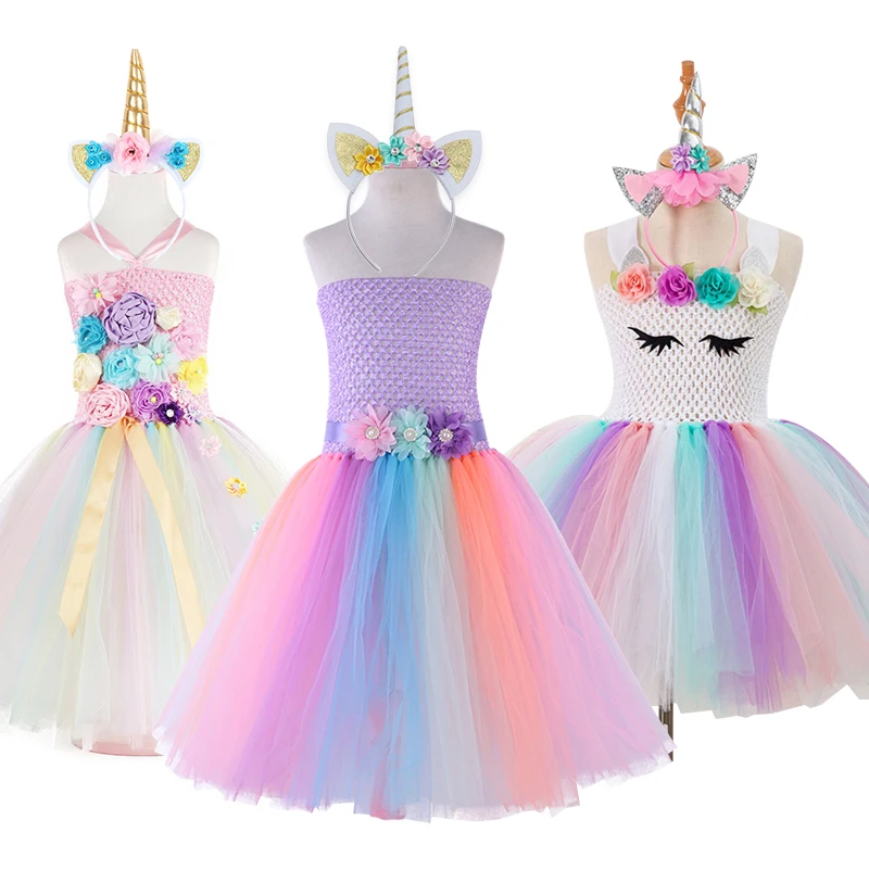 

Girls Unicorn Tutu Dress Flower Rainbow Princess For Girls Birthday Party Dresses Children Halloween Pony Costume Gift Headband