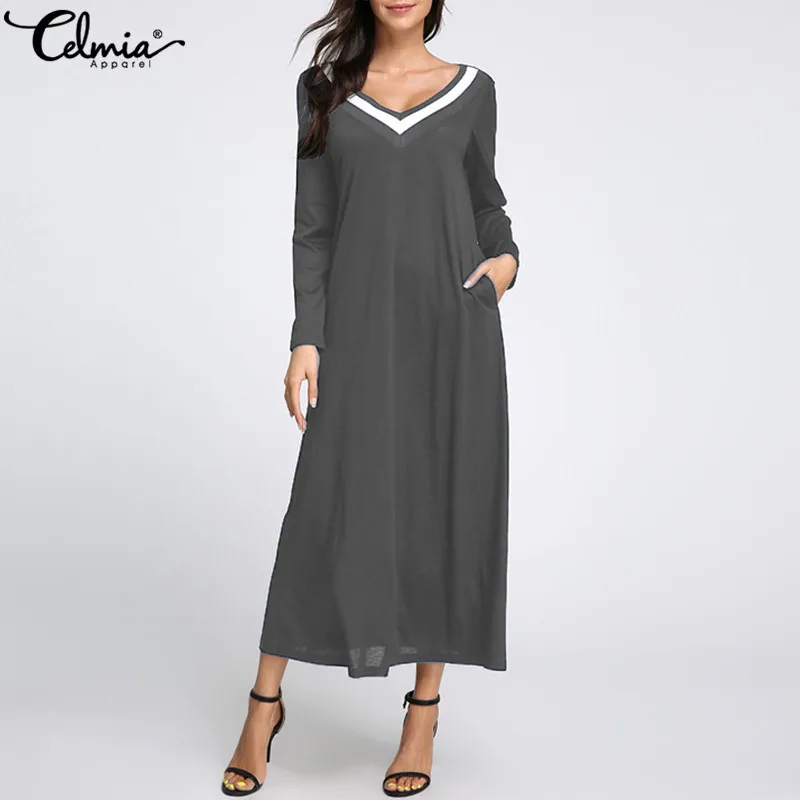 

Celmia 2020 Autumn Women Shirt Dress Sexy V-Neck Loose Pockets Long Maxi Dresses Ladies Casual Long Sleeve Patchwork Vestidos