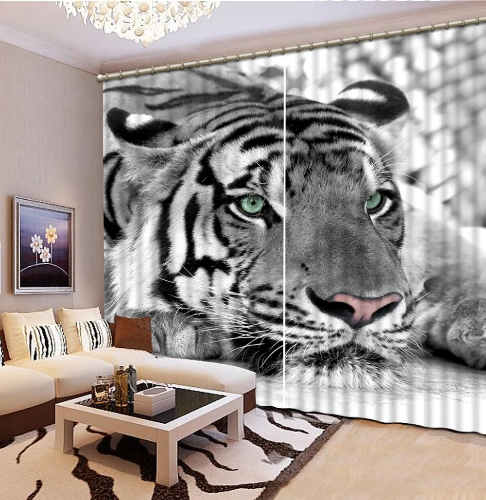 Blanco y Negro Tigre 3D apagón cortinas de la ventana para vivir habitación niños dormitorio cortinas Cortina Rideaux de tamaño personalizado funda de almohada