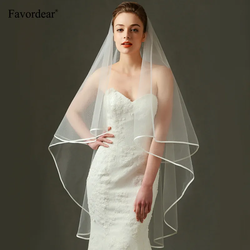 Favordear Short Bridal Veils Simple 1 Layer Ribbon Edge Ivory Wedding