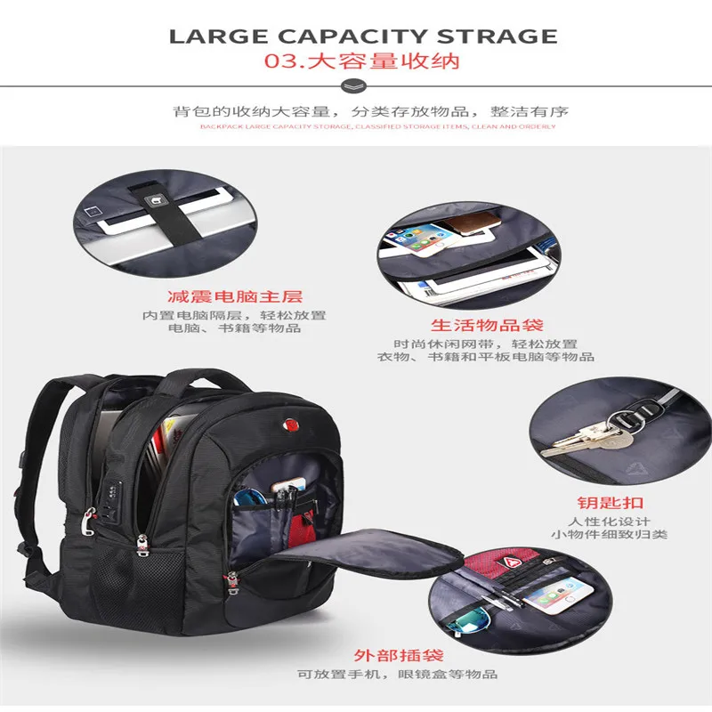 

swiss anti-theft business Waterproof men Laptop Backpack 17 inch Sac a dos mochila Men Fashion Backpack School Bagpack Back Pack